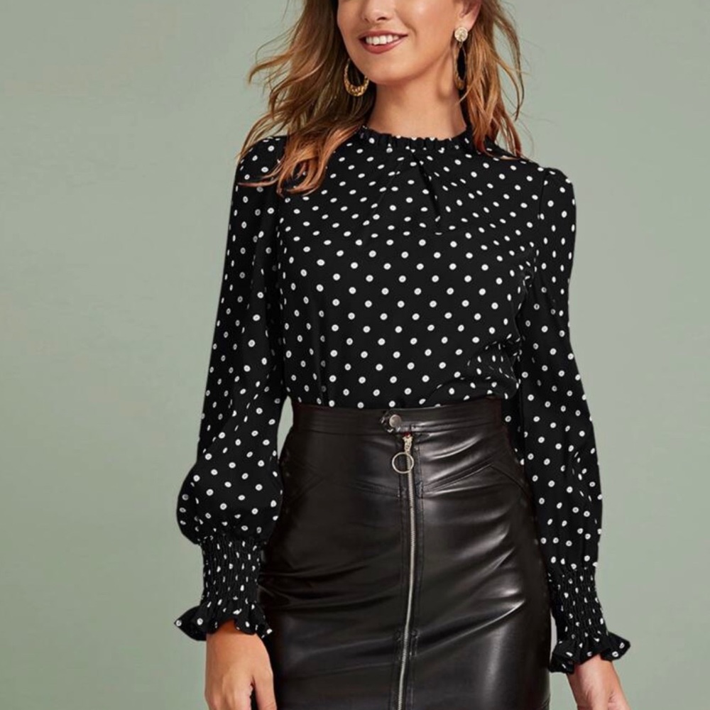 Polka Dot Ruffle Trim Shirred Cuff Blouse